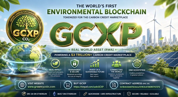 A promotional graphic for GCXP token ('GREENY COIN EXCHANGE PROJECT'), billed as 'THE WORLD'S FIRST ENVIRONMENTAL BLOCKCHAIN' with contract address 0x9b4e3da6e5eEecec7b9C4cB3b0B0f07673712 and website www.greenycoin.com.