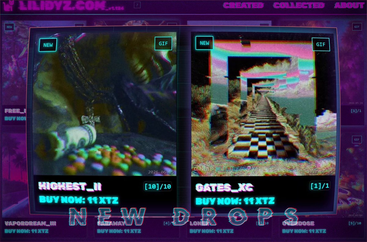 The image shows a computer screen displaying two different images of a maze or a path with a checkerboard pattern, possibly representing a video game or an online store selling items like "New Drops". The top image has a purple background and features a person wearing a necklace, while the bottom image also has a purple background but displays a maze-like structure. Both images are related to the post about "GMEOWWWW ~ \\/new drops - [10]/10" on the website.