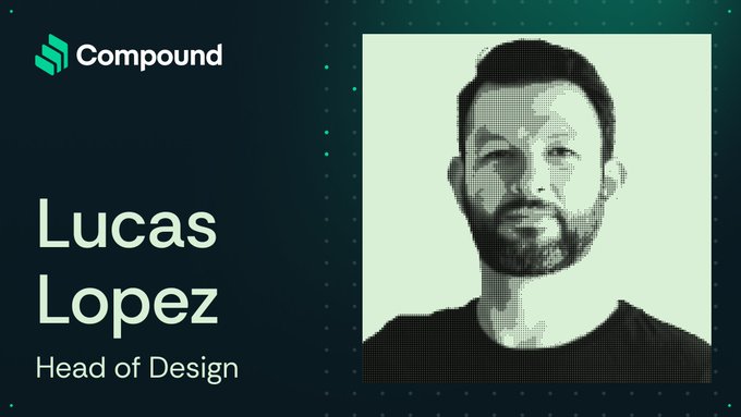 A profile card for Lucas Lopez, Head of Design at Compound, shown with a dotted halftone-style portrait.