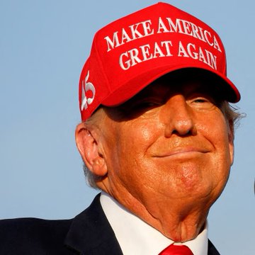 A man wearing a red "Make America Great Again" cap smiles against a clear blue sky, visually tying to the post's reference to Trump's strategic $MSTR purchases in July, which have since yielded an 83% gain.