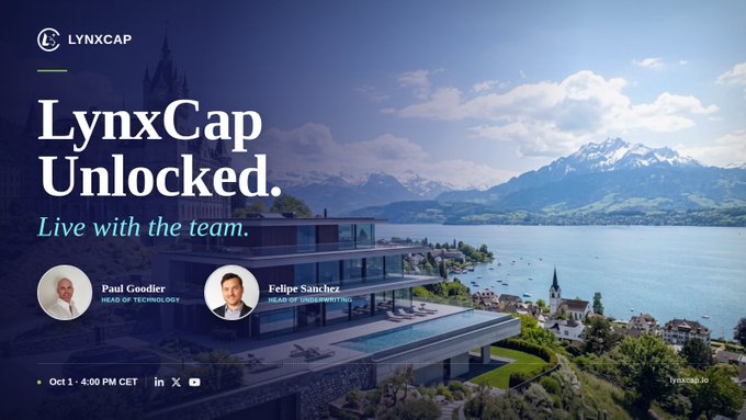 A promotional graphic for 'LynxCap Unlocked. Live with the team' featuring speakers Paul Goodier (Head of Technology) and Felipe Sanchez (Head of Growth/Marketing), scheduled for Oct 1, 4:00 PM CET, set against a scenic lake and mountain backdrop.