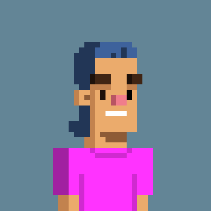 Pixel art portrait of a smiling character with dark blue hair, blue glasses, and a bright pink shirt against a solid blue background.