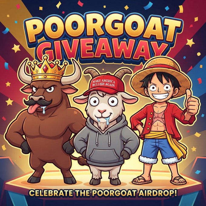 An anime-style graphic promoting a 'POORGOAT GIVEAWAY' featuring a crowned bull, a goat wearing a 'MAKE AMERICA BULLISH AGAIN' hat, and Monkey D. Luffy from One Piece.