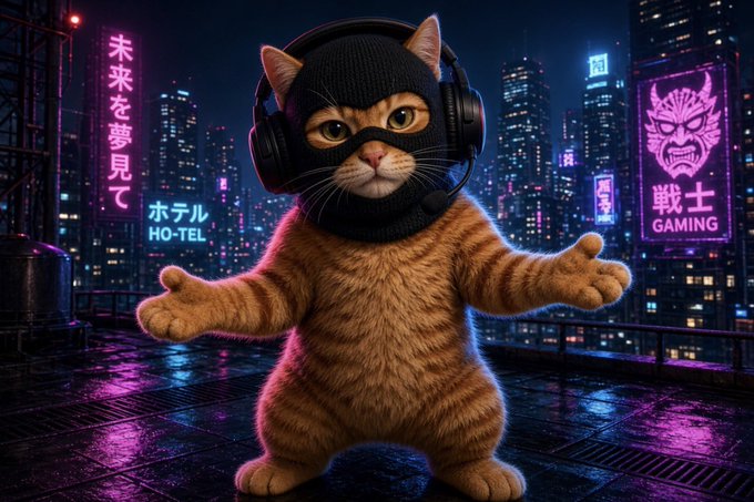 An orange tabby cat wearing a black beanie and gaming headset stands with outstretched paws on a neon-lit city rooftop, with Japanese signs reading "未来を夢見て" and "ホテル HO-TEL," plus a "戦士 GAMING" neon display featuring a masked warrior. The image reflects the post's @catwmask vibe, with the masked, headset-wearing feline embodying the $MASK ticker and a "gamer mode activated" energy against the cyberpunk skyline.