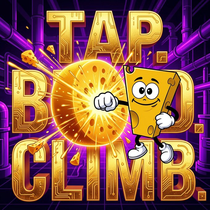 Vibrant cartoon-style game artwork titled 'TAP TO CLIMB' featuring an anthropomorphic cheese wedge character punching through a large golden cheese wheel.