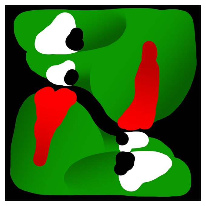 An abstract digital artwork features swirling green shapes, white cloud-like blobs, and bold red brushstrokes against a black background, evocative of the stylized NFT by transient.xyz on the Base blockchain.

The post references a specific NFT contract address (0x7d…) on Base, suggesting this abstract piece is the artwork associated with that token in the collection.