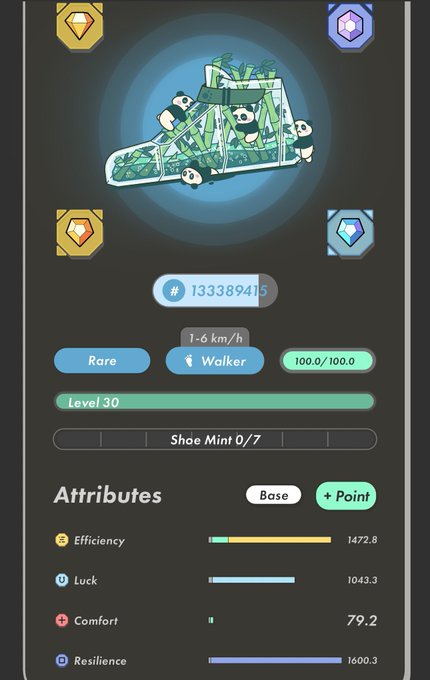 A mobile game interface showing a 'Rare' rarity panda-themed shoe NFT at Level 30 with a walker speed of 1-6 km/h, token ID 133389415, and attributes including Efficiency 1472.8, Luck 1043.3, Comfort 79.2, and Resilience 1600.3.