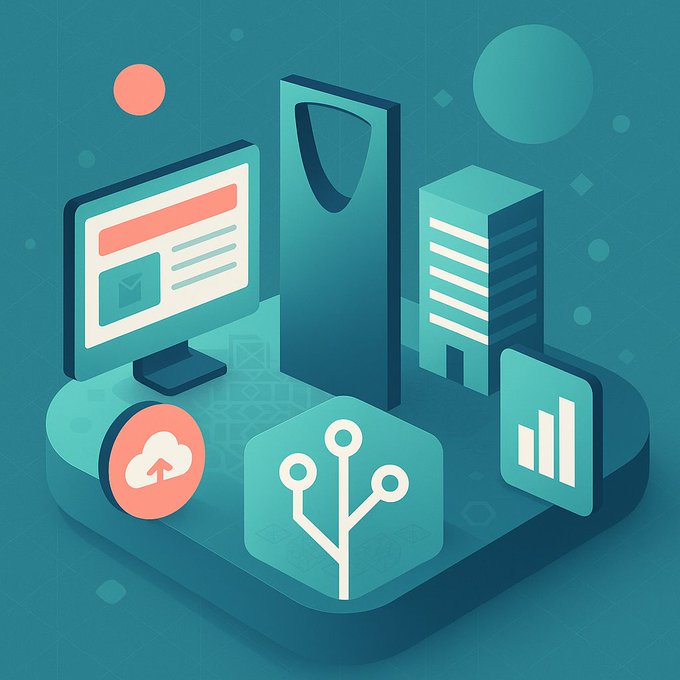 An isometric digital illustration displays various technology-related icons including a computer monitor, server, cloud upload symbol, and a hexagonal connector on a teal background.