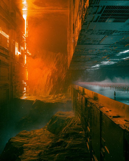 A cinematic sci-fi artwork showing a massive industrial megastructure with orange fire and waterfalls on one side contrasting with a vast open hangar filled with small figures on the other, creating a dramatic dystopian atmosphere.