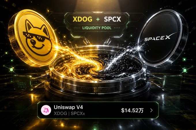 A stylized digital graphic showcases a glowing Uniswap V4 liquidity pool featuring gold XDOG and black SPCX tokens swirling together, with a prominent banner displaying "$14.52万" (equivalent to $145.2K) to visually represent the milestone mentioned in the post about community-provided liquidity exceeding $145.2K on the XLayer RWA ecosystem.