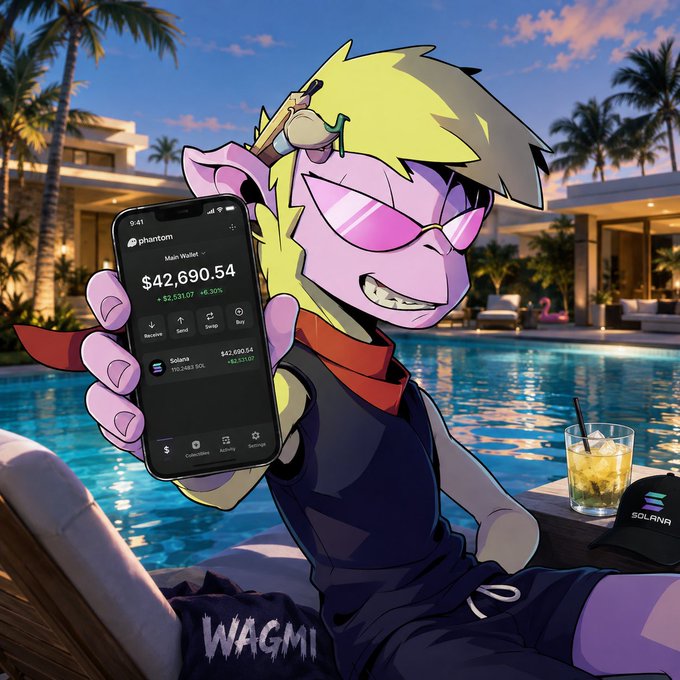 An anime-style character with blonde hair and pink sunglasses lounges poolside at a luxury villa, grinning while showing a Phantom wallet balance of **$42,690.54** featuring a **Solana** token chart. A drink with ice, a Solana-branded cap, and "WAGMI" printed on his shorts complete the relaxed crypto-bro vibe — matching the post's "GM" (good morning) and bullish "lock in for more" energy of casually flexing gains in the Solana ecosystem.