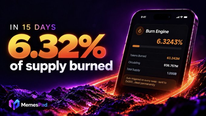 MemesPad promotional graphic announcing 'IN 15 DAYS 6.32% of supply burned' via Burn Engine, showing tokens burned at 63.243M out of 1.000B total supply, alongside a phone interface mockup.