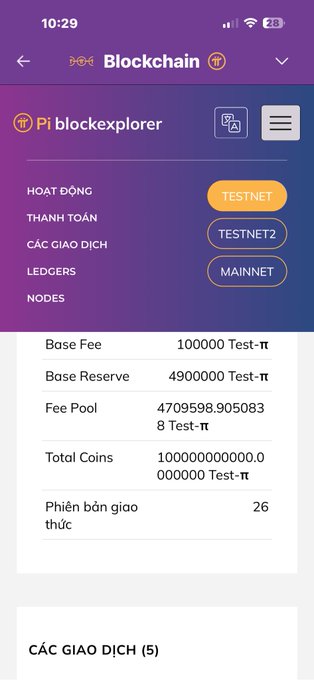 The image shows a Pi Network Blockchain explorer interface on Testnet, displaying "Phiên bản giao thức" (Protocol Version) 26 alongside statistics like a Base Fee of 100,000 Test-π and Total Coins of 10,000,000,000 Test-π, which supports the post's claim that Testnet 1 is still running protocol version 26.