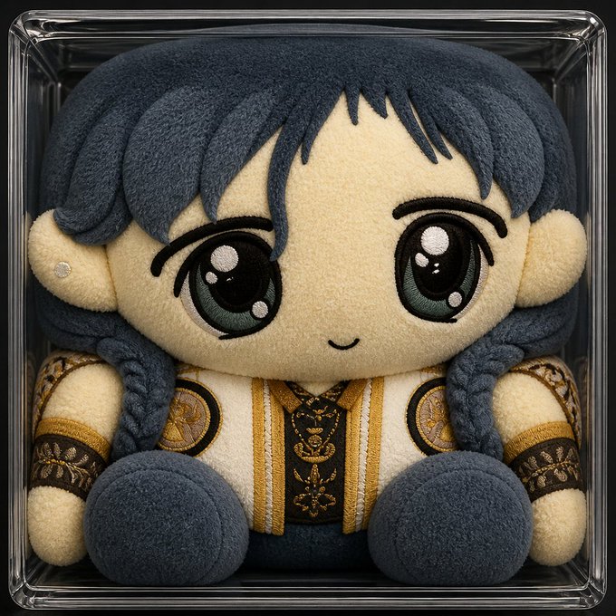 A plush toy of an anime-style character with large dark eyes, blue braided hair, and an ornate gold and white outfit, displayed inside a clear plastic case.