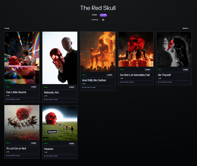 A webpage titled 'The Red Skull' displaying a grid of NFT-style cards with dark, fiery skull imagery and titles like 'Our Little Secret,' 'Nobody, Yet,' 'And Still, We Gather,' and 'Do Not Let Mortality Fail.'