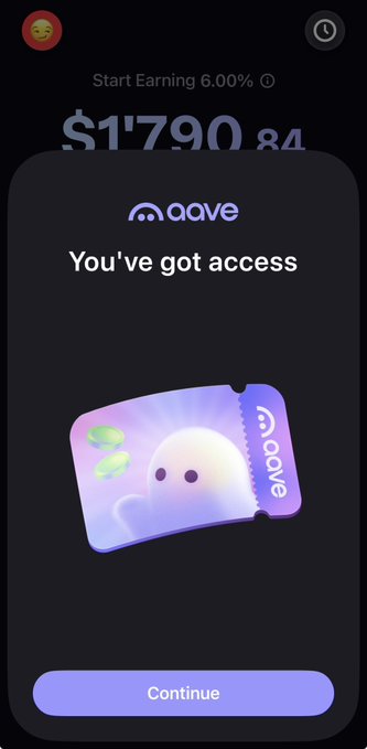 A mobile app screen displaying a notification from 'aave' with the message 'You've got access' above an illustration of a stylized card featuring a cute character.