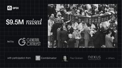 A promotional banner announces that APX, a partner of Cantor Fitzgerald, raised $9.5M with participation from Contributors, Pixel Gateway, and Nexus, set against a grayscale photo of people clapping at an event—aligning with the post's highlight of QFEX's focus on real-world assets and tokenized TradFi perps.