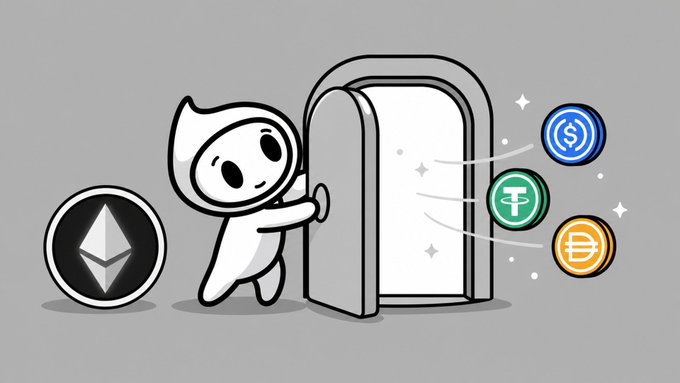 A cartoon character pushes open a gateway that releases Ethereum, USDC, Tether, and DAI tokens, symbolizing how ETH holders can borrow against their holdings on Liquidium to access stablecoin liquidity without selling.