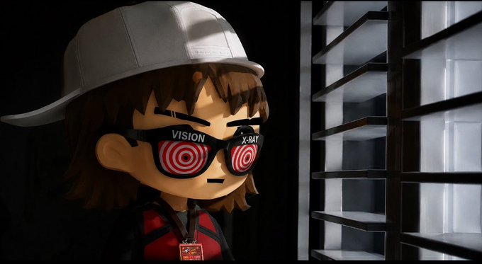 A 3D animated character wearing a white cap and glasses with 'VISION X-RAY' and spiral patterns on the lenses, standing in a dimly lit room.