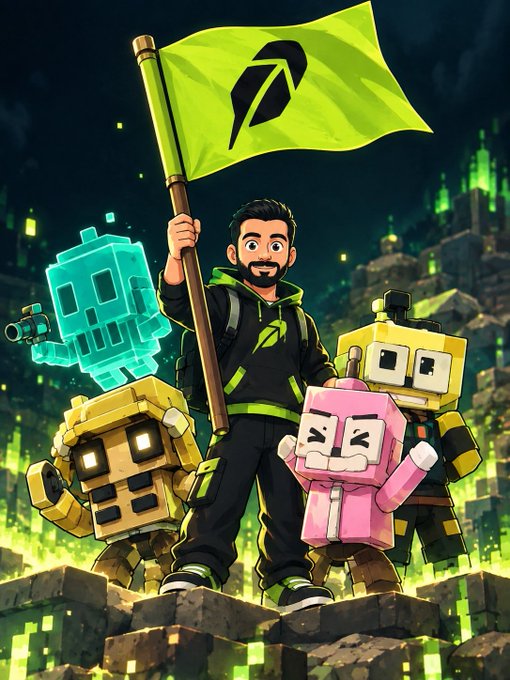 A digital illustration/AI artwork showing a cartoon character in a green and black hoodie holding a green flag with a logo, standing on a rocky platform surrounded by cute blocky robot characters in cyan, yellow, and pink against a green pixelated cityscape.
