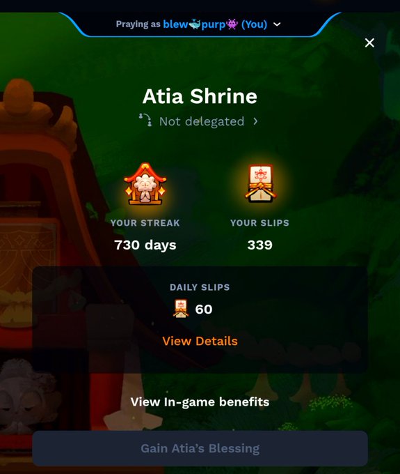 A mobile app screen shows an 'Atia Shrine' page with 'YOUR STREAK' at 730 days and 'YOUR SLIPS' at 339, with text 'Praying as blew🐋purp💞 (You)' at the top.