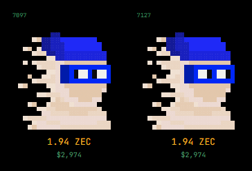 The image displays two identical CryptoPunk #78097 and #7127 NFTs, each priced at 1.94 ZEC ($2,974). The juxtaposition with the sarcastic post highlights the irony: while these pixelated character NFTs are marketed with clear pricing and identifiers, the critique questions their actual on-chain verifiability, ownership tracking, and transferability—implying that what are sold as "NFTs" may lack the transparent, blockchain-based features the term implies.