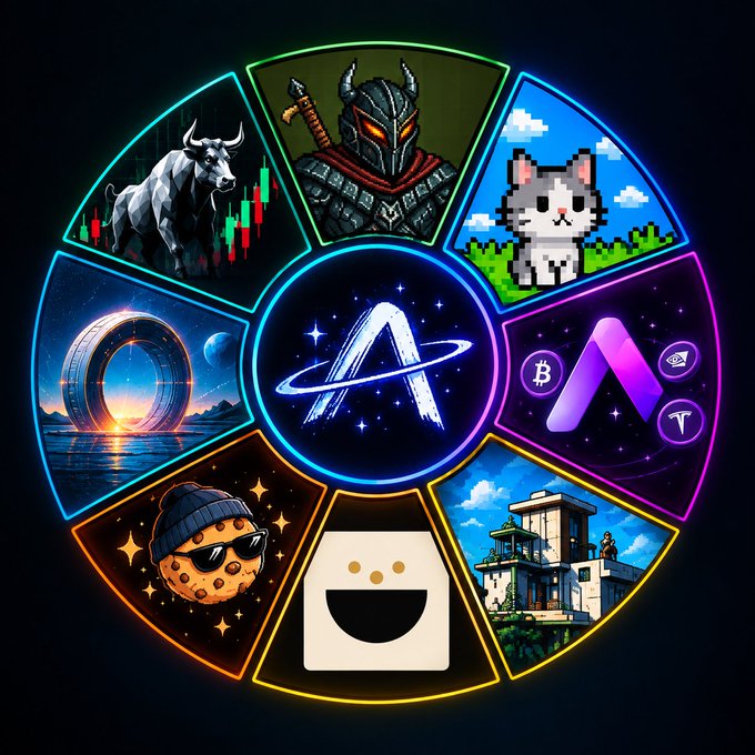 A digital illustration of a circular wheel divided into eight themed segments (including a bull, samurai, pixel cat, meme coin, and Bitcoin logo) surrounding a central stylized 'A' logo.