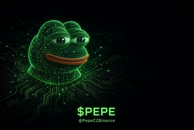 A digital artwork shows the Pepe the Frog meme character rendered as a glowing green wireframe over a circuit board pattern, with the text '$PEPE' and '@PepeCZBinance' below.