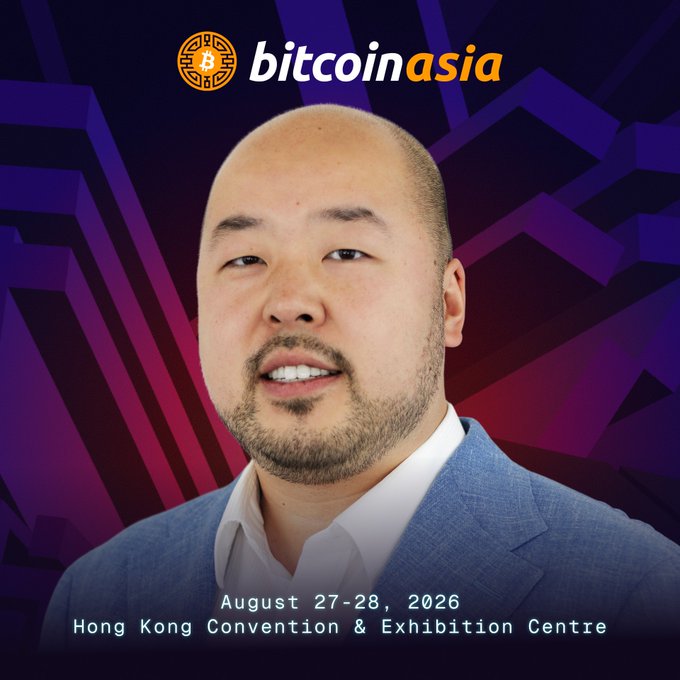 A promotional graphic for 'bitcoin asia' features a man in a blue blazer against a purple geometric background, with text announcing the event at the Hong Kong Convention & Exhibition Centre on August 27-28, 2026.