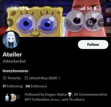A Twitter profile screenshot for "Ateiler" (@AteilerSol) with 5K followers and 17 following, showing a SpongeBob-themed banner and a profile picture of a blue-haired character, referencing the new handle mentioned in the post about someone pivoting to memecoin trading after allegedly stealing $3,000.
