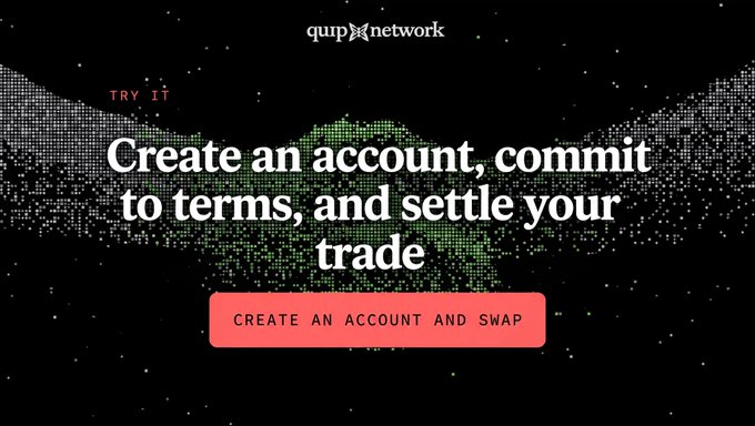 A website banner for 'quip network' features the text 'Create an account, commit to terms, and settle your trade' above a coral-colored 'CREATE AN ACCOUNT AND SWAP' button. The design includes stylized, dotted wing graphics on a dark background.