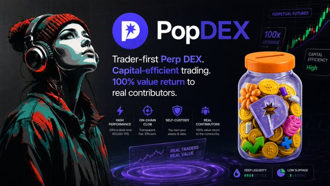 A promotional graphic for 'PopDEX' described as a 'Trader-first Perp DEX' and 'Capital-efficient trading' with '100% value return to real contributors.' The image features a stylized trader with headphones and a jar of colorful crypto tokens.