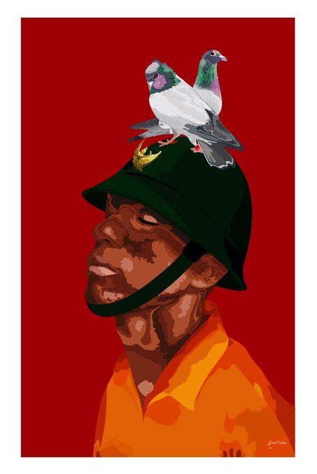 A stylized illustration of a man in an orange shirt and dark helmet with two pigeons perched on top, set against a bold red background.