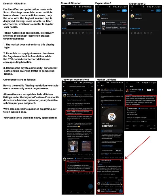 The image presents a collection of screenshots from a Twitter feed showing a variety of posts, some of which are about astEROID contracts or tokens. The image also includes a caption that reads "Dear Mr. Mitza Bilen; I've identified this application as tokens with similar name". This suggests the content on the screen may be related to cryptocurrency or token trading.