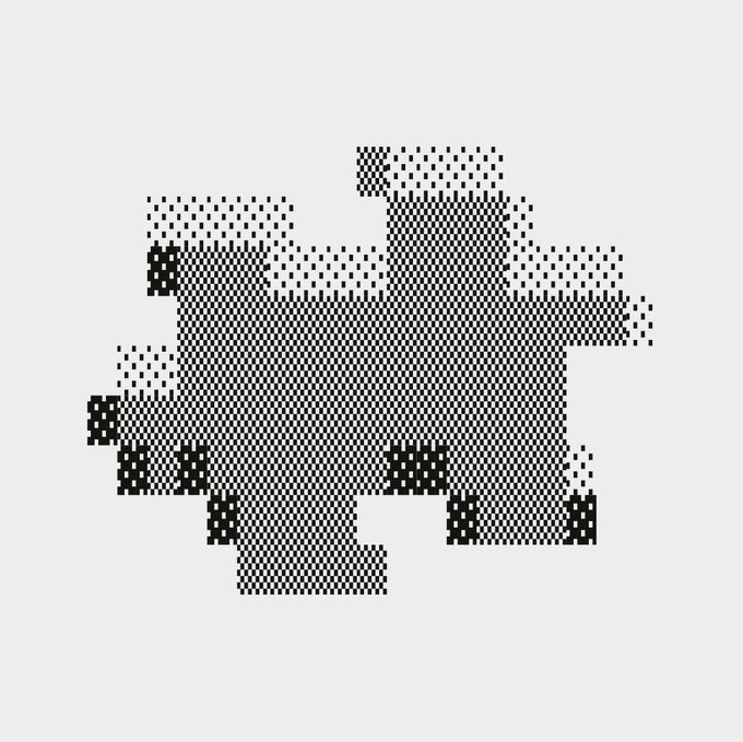 A pixelated, abstract black-and-white composition rendered in a dotted/halftone style forms a large irregular shape on a light gray background. The image likely represents the NFT artwork minted from the @traceforms collection, with no visible text or numbers, serving as the generative art piece tied to the 7,777 supply allocation on Ethereum mainnet mentioned in the post.
