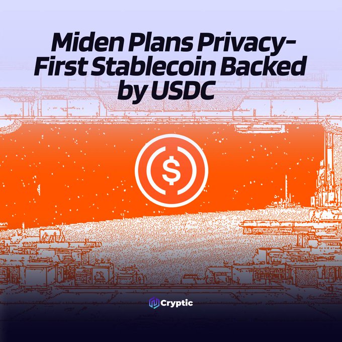 An orange-toned graphic with a central USDC-style dollar logo, headlined "Miden Plans Privacy-First Stablecoin Backed by USDC," illustrating the announcement of USDCx—a private, USDC-backed stablecoin for Miden's blockchain.