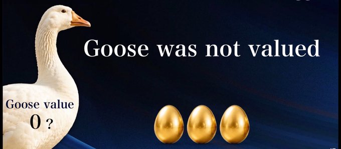 A meme showing a white goose on the left with text 'Goose value 0?' next to it, three golden eggs in the center-right, and the caption 'Goose was not valued' displayed against a dark blue background.