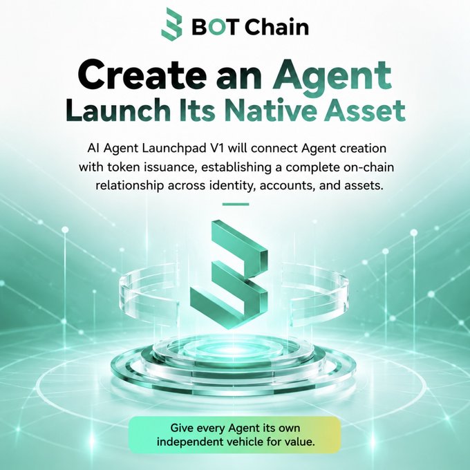 A promotional graphic for 'BOT Chain' advertises an 'AI Agent Launchpad V1' with the headline 'Create an Agent Launch Its Native Asset,' featuring a 3D rendered logo design.