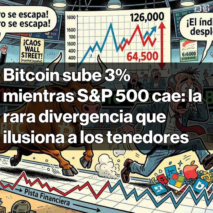 A Spanish-language news graphic showing 'Bitcoin sube 3% mientras S&P 500 cae: la rara divergencia que ilusiona a los tenedores' over an illustrated Wall Street chaos scene with a bull.