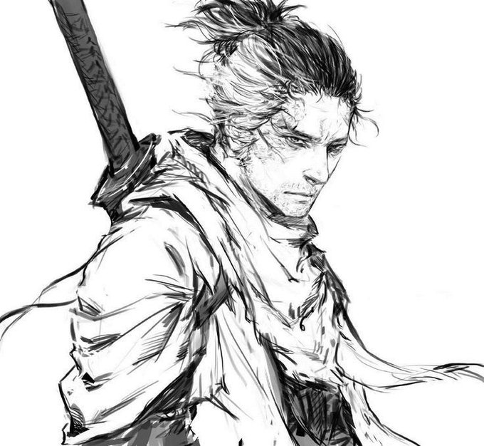 A detailed black and white ink sketch of a samurai warrior with long hair, facial scars, and a sword strapped to his back, gazing intensely to the side.