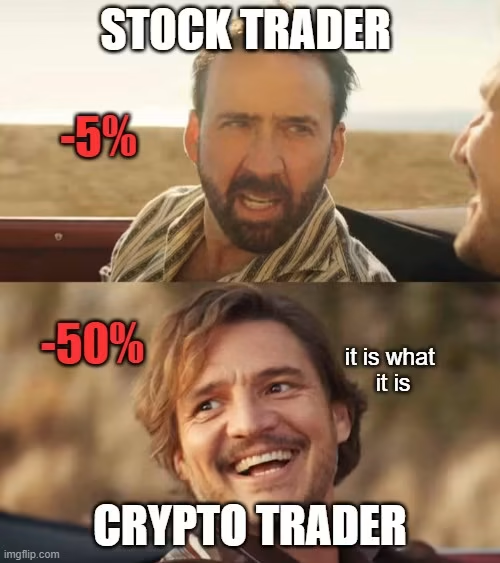 A two-panel meme contrasting a 'STOCK TRADER' (Nicolas Cage looking stressed at -5%) with a 'CRYPTO TRADER' (smiling man saying 'it is what it is' at -50%).