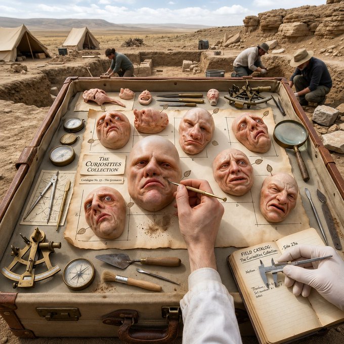 An archaeological dig site where a curator examines hyper-realistic facial casts labeled "The Curiosities Collection" alongside vintage surveying instruments and field catalog notes.