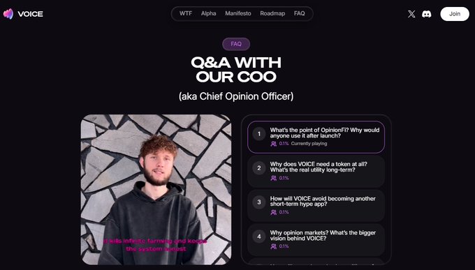 VOICE website FAQ page featuring 'Q&A WITH OUR COO (aka Chief Opinion Officer)' with a video of a young man and four FAQ questions about OpinionFi, token utility, and vision.