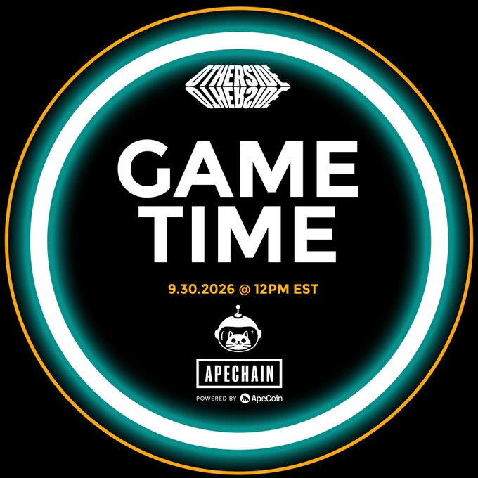A promotional graphic for 'GAME TIME' on 9.30.2026 @ 12PM EST, featuring a 'Otherside DNA' logo and an ApeChain logo powered by ApeCoin, set against a black background with a glowing circular border.
