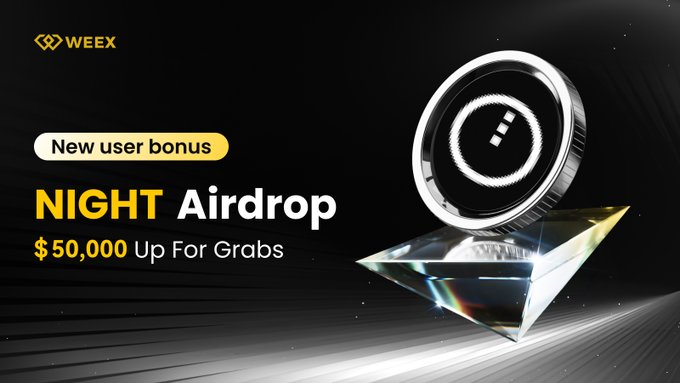 The image is a promotional banner from WEEX featuring a "NIGHT Airdrop" offering a $50,000 prize pool as a new user bonus, with a sleek coin graphic resting on a crystalline base. The banner advertises the $NIGHT token airdrop event running from July 22-29, 2026 (UTC+8), directing users to weex.com to participate and earn rewards.