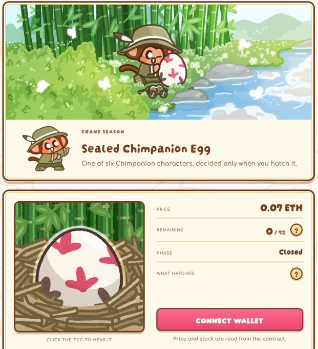 A digital interface for a 'Sealed Chimpanion Egg' from Crane Season shows a price of 0.07 ETH, with a status of 'Closed' and a 'Connect Wallet' button.