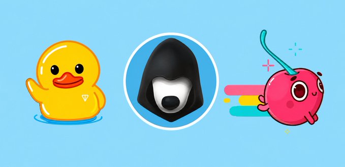 A cheerful rubber duck, a hooded mascot, and a pink cherry character float against a light blue background, visually representing the meme tokens $UTYA, $REDO, and $CHERRY highlighted in the post with their respective market caps.