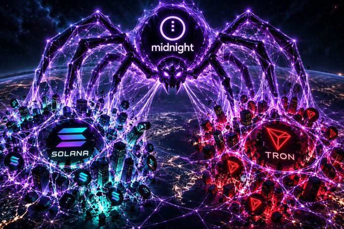 A massive purple cosmic spider looms over a glowing Earth, with web-like energy strands connecting to glowing logos for Solana, Tron, and Midnight, symbolizing the Midnight project's ambitious "world domination" campaign across major blockchain networks. The cosmic imagery and interconnected webs visually reinforce the post's message of Midnight expanding its NFT presence across Cardano, Solana, and Tron ecosystems.