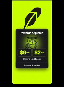 A neon green graphic for 'Proof of Attention' showing rewards adjusted to $6 KOK and $2 KOK starting next epoch, featuring an owl logo and a feather icon.
