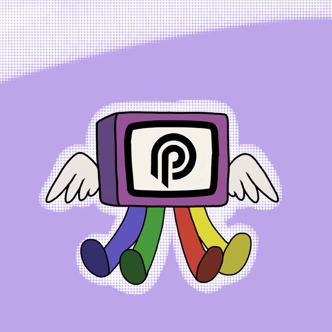 Cartoon illustration of a purple television-like character with a 'P' logo on its screen, white angel wings, and colorful rainbow legs on a light purple background.